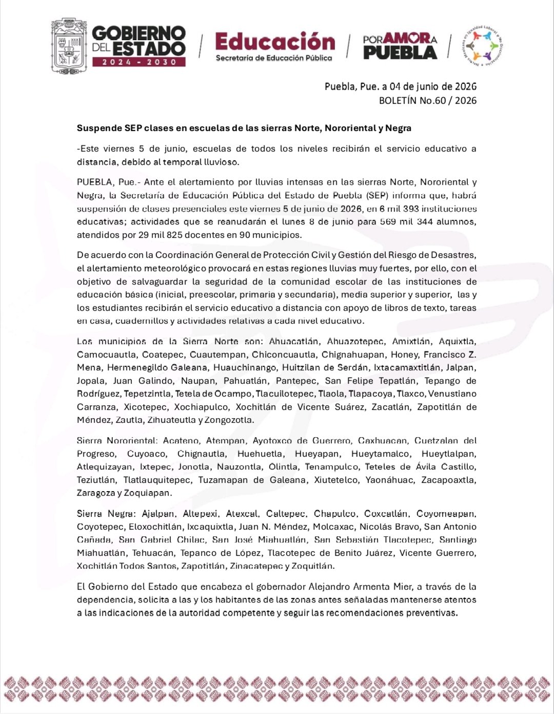 comunicado SEP Puebla lluvias