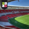 Vista panorámica y aérea del Estadio Akron (de Chivas) en Guadalajara. El campo de fútbol verde brillante está rodeado por miles de asientos de color rojo inten
