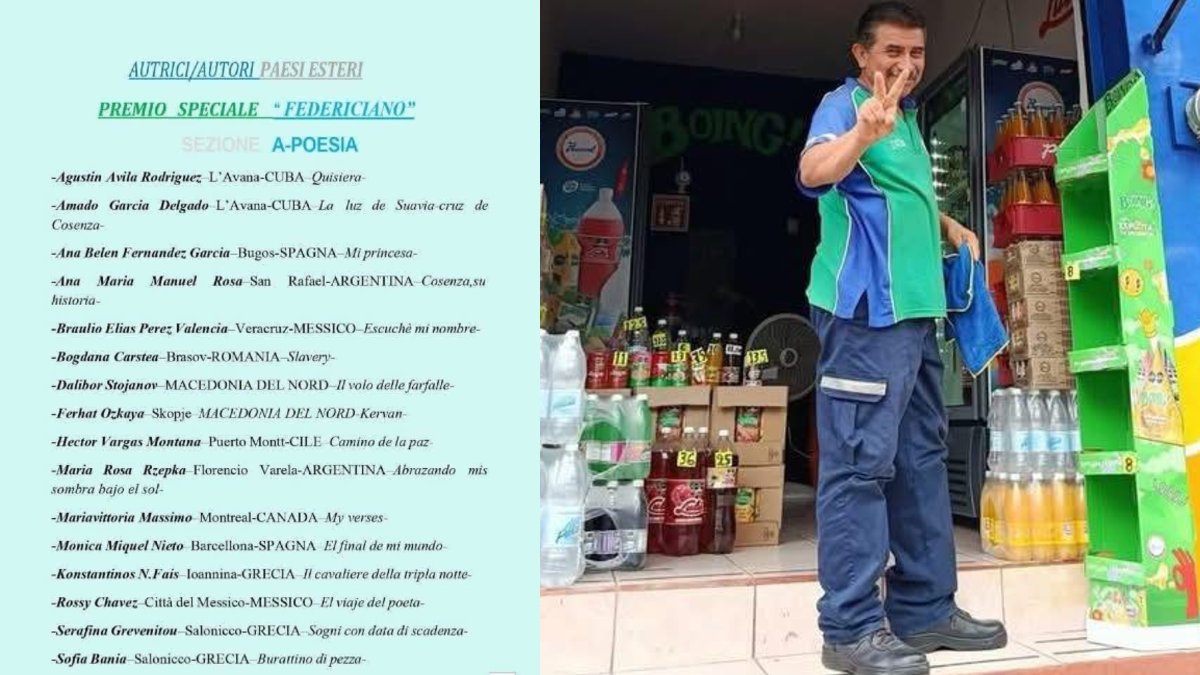 Hoja de ganadores del certamen en Italia con el nombre del poema y su autor