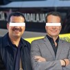 Empresarios Jaime Arias, José Adrián Corona y Carlos Newton Frausto con una patrulla de la Policía de Guadalajara desenfocada en el fondo
