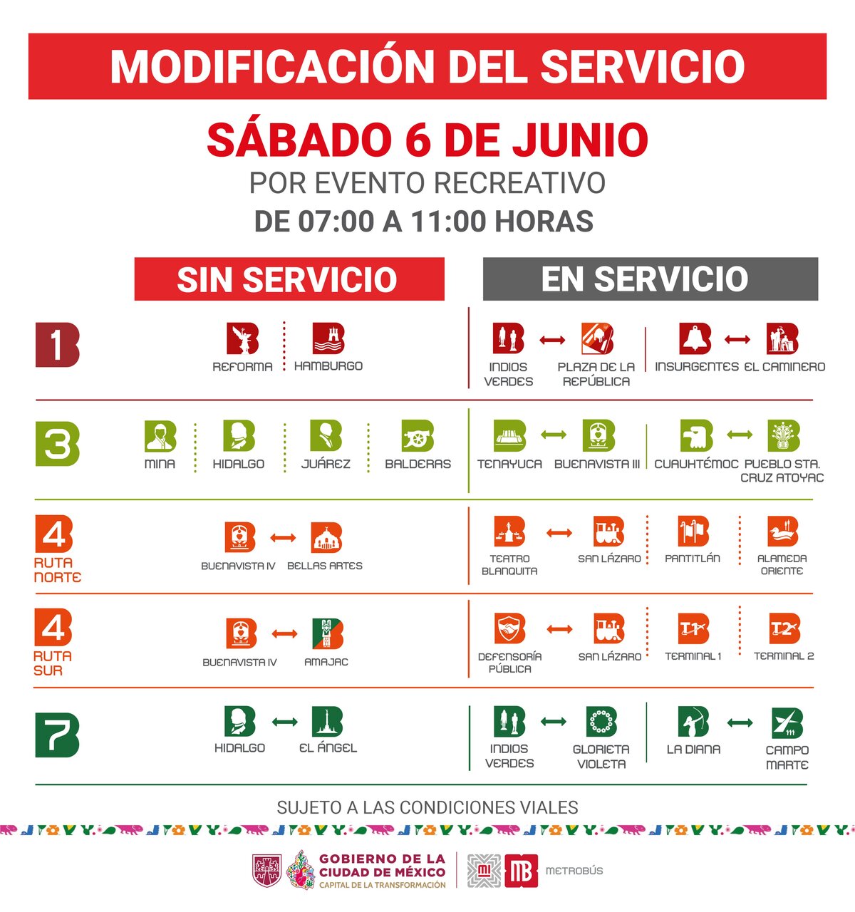 Estaciones cerradas del Metrobús el sábado