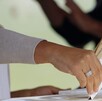 Imagen en primer plano de una mano colocando una boleta electoral dentro de una urna. El fondo es desenfocado.