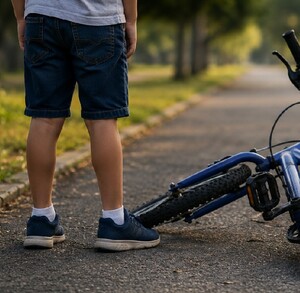 Niño al lado de una bicicleta