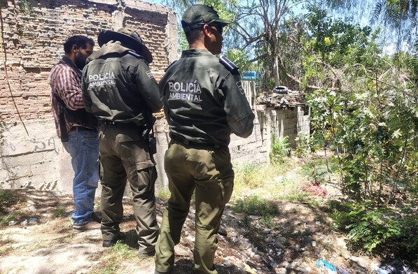Se observa a tres personas que están con uniforme y de pie sobre una zona donde hay hierbas.