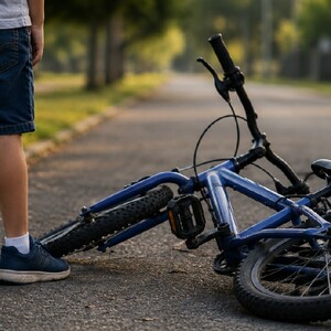 Niño al lado de una bicicleta