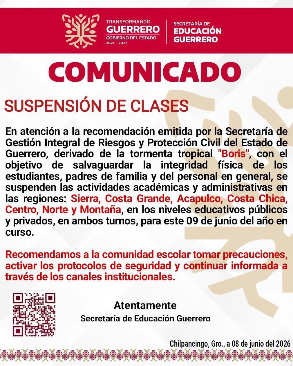 Comunicado de prensa de Gobierno de Guerrero suspensión de clases