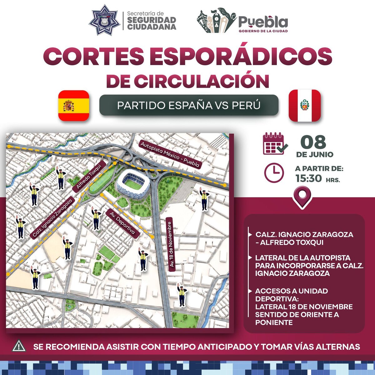 Cierres viales España vs Perú en Puebla