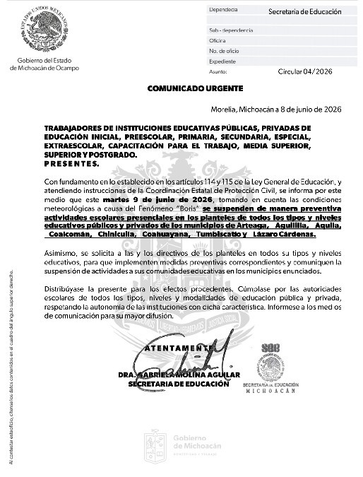 Oficio de la Secretaría de Educación de Michoacán anunciando la suspensión de clases hoy 9 de junio en 8 municipios por tormenta tropical Boris
