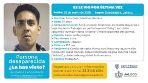 Ficha de búsqueda de Julio César Martínez Herrera emitida por la Comisión de Búsqueda de Personas de Jalisco con foto y características del joven