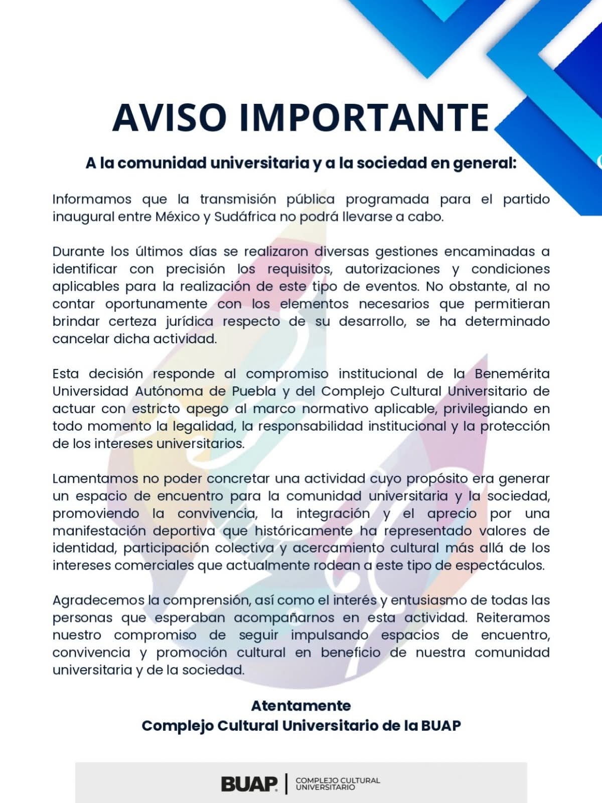 Comunicado CCU BUAP Partido