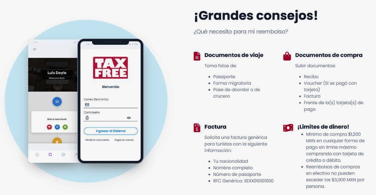 Captura de pantalla de la página web oficial del Tax Free donde se enlistan los requisitos para solicitar el reembolso