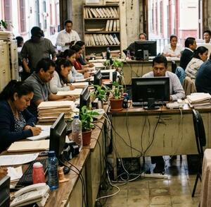 personas en una oficina burocrática
