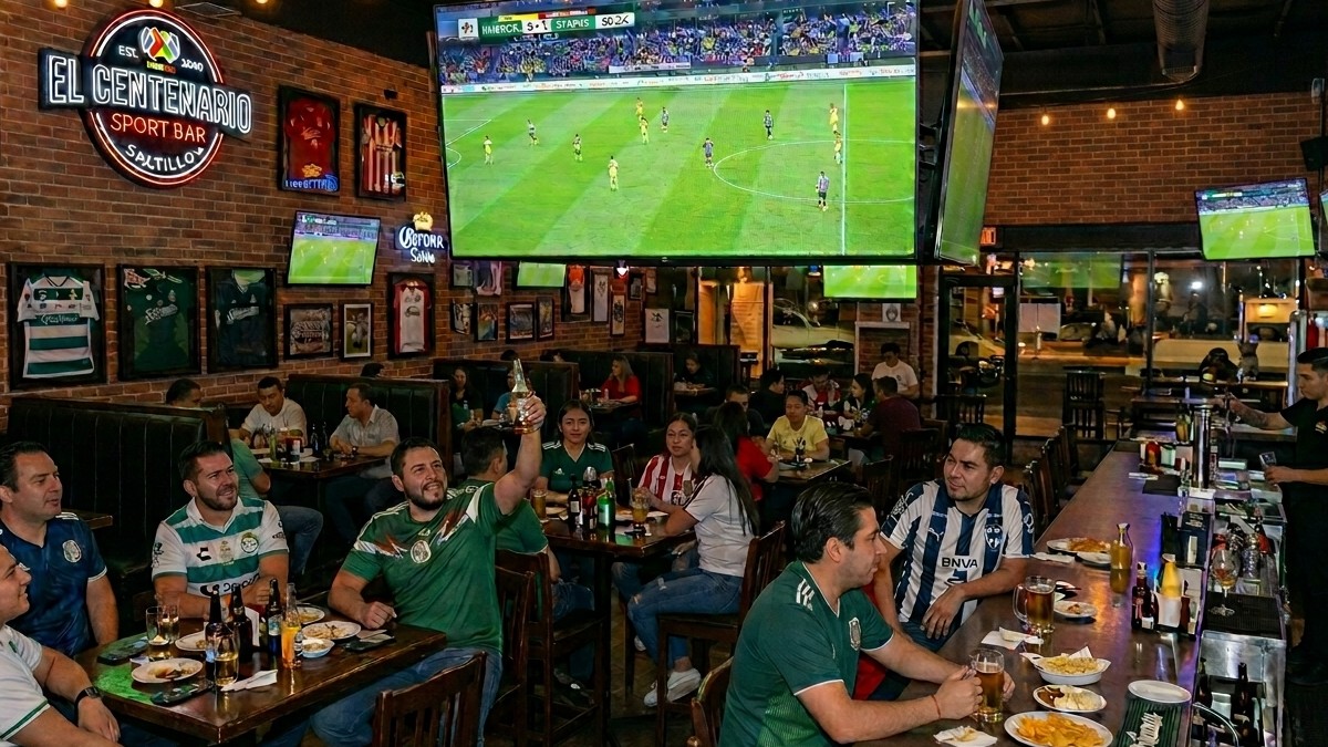 Se observa a varias personas sentadas dentro de un bar, tomando y comiendo; hay pantallas de televisión.