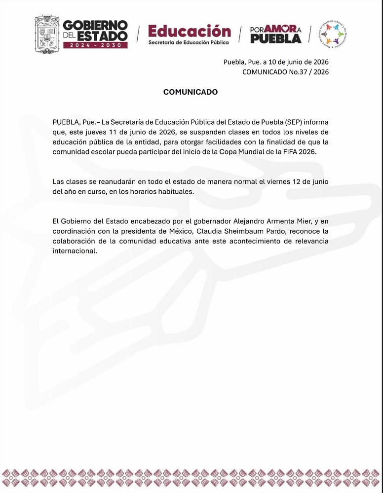 Comunicado de la SEP donde comunica la suspensión de clases en Puebla.