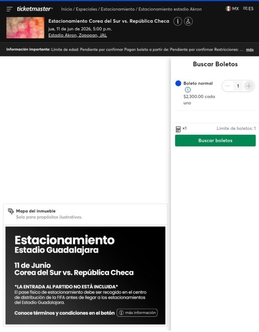 Captura de pantalla de la página de Ticketmaster donde se venden los boletos para el estacionamiento en el Estadio Guadalajara durante el Mundial 2026