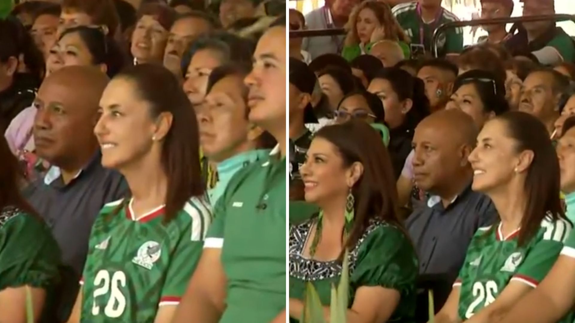 Con la playera tricolor, la presidenta se unió a las porras de los ciudadanos en el deportivo Hermanos Galeana.