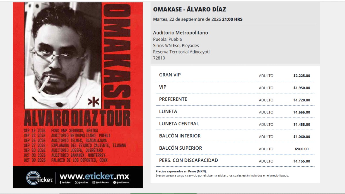 Infografía con cartel oficial del concierto y de Álvaro, tabla de precios del evento