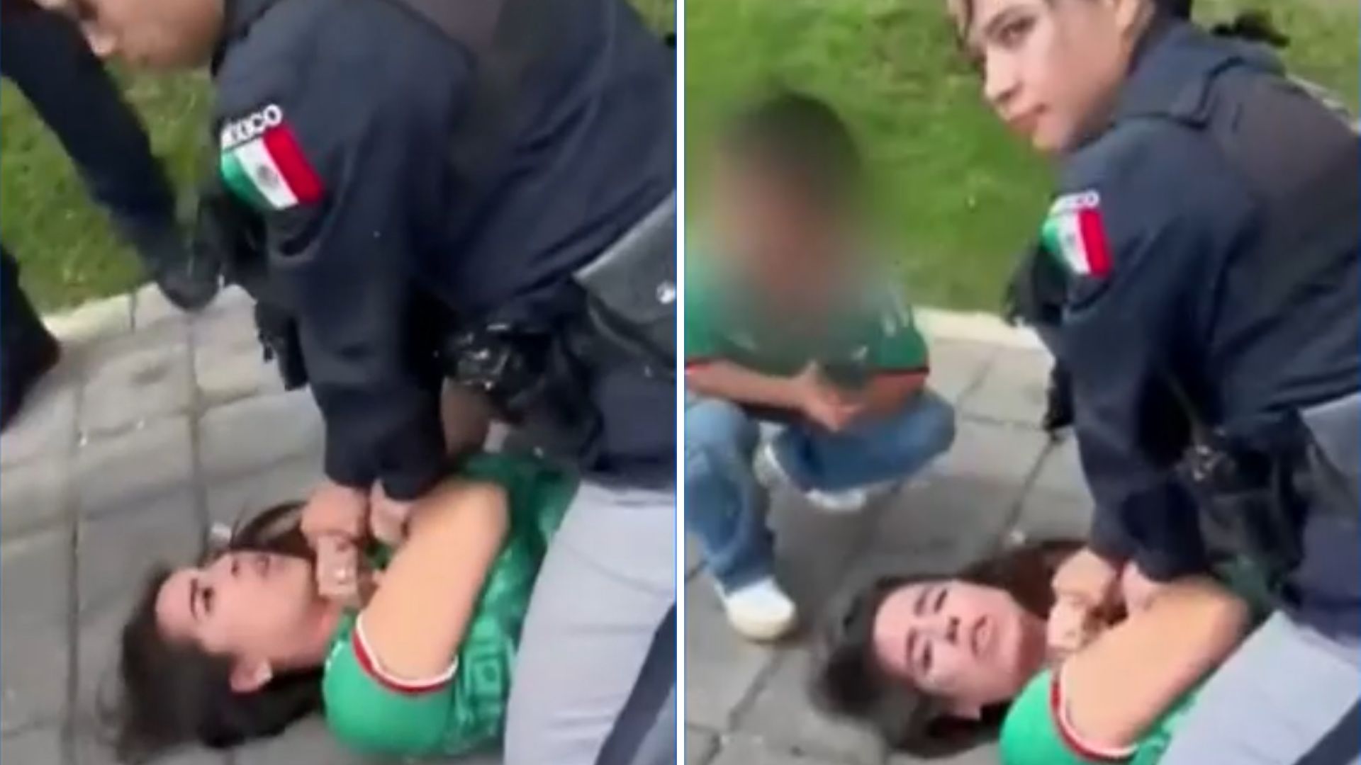 5 policías someten a mujer con violencia en parque de Cholula. Videos virales muestran detención ante 2 menores.