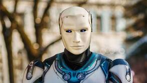 Un robot con forma de humano de color blanco y azul