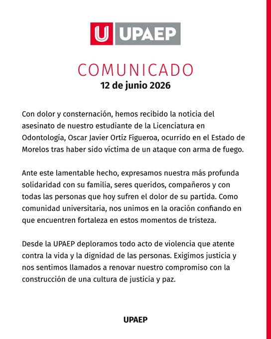 Comunicado UPAEP muerte Óscar Javier Ortiz Figueroa.