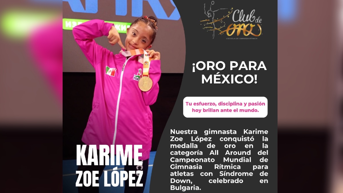 una imagen de felicitación con una gimnasta rítmica que ganó un mundial para personas con síndrome de down