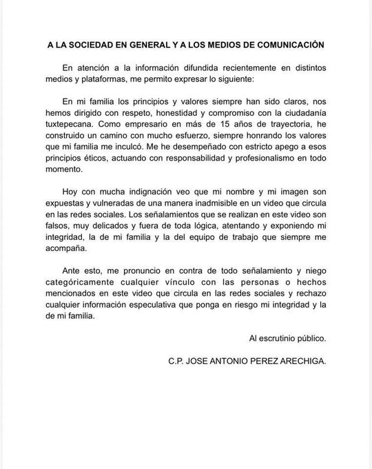 Comunicado José Antonio Pérez Arechiga