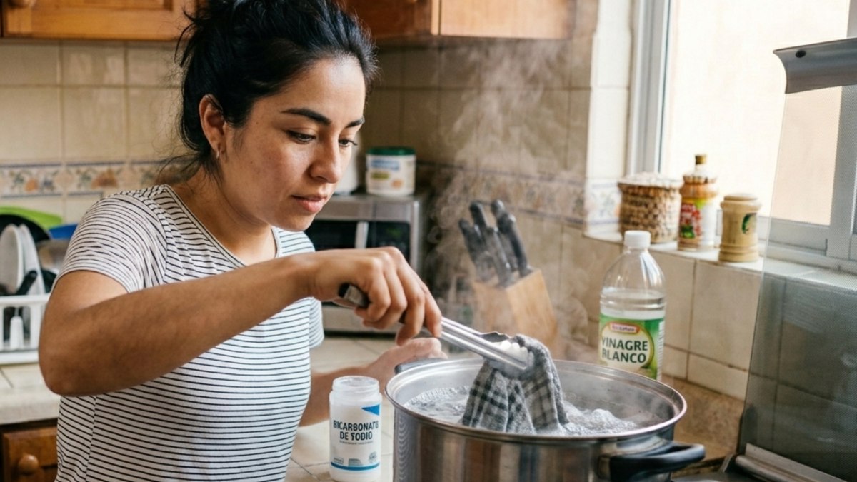 Persona hirviendo trapos de cocina con carbonato y vinagre