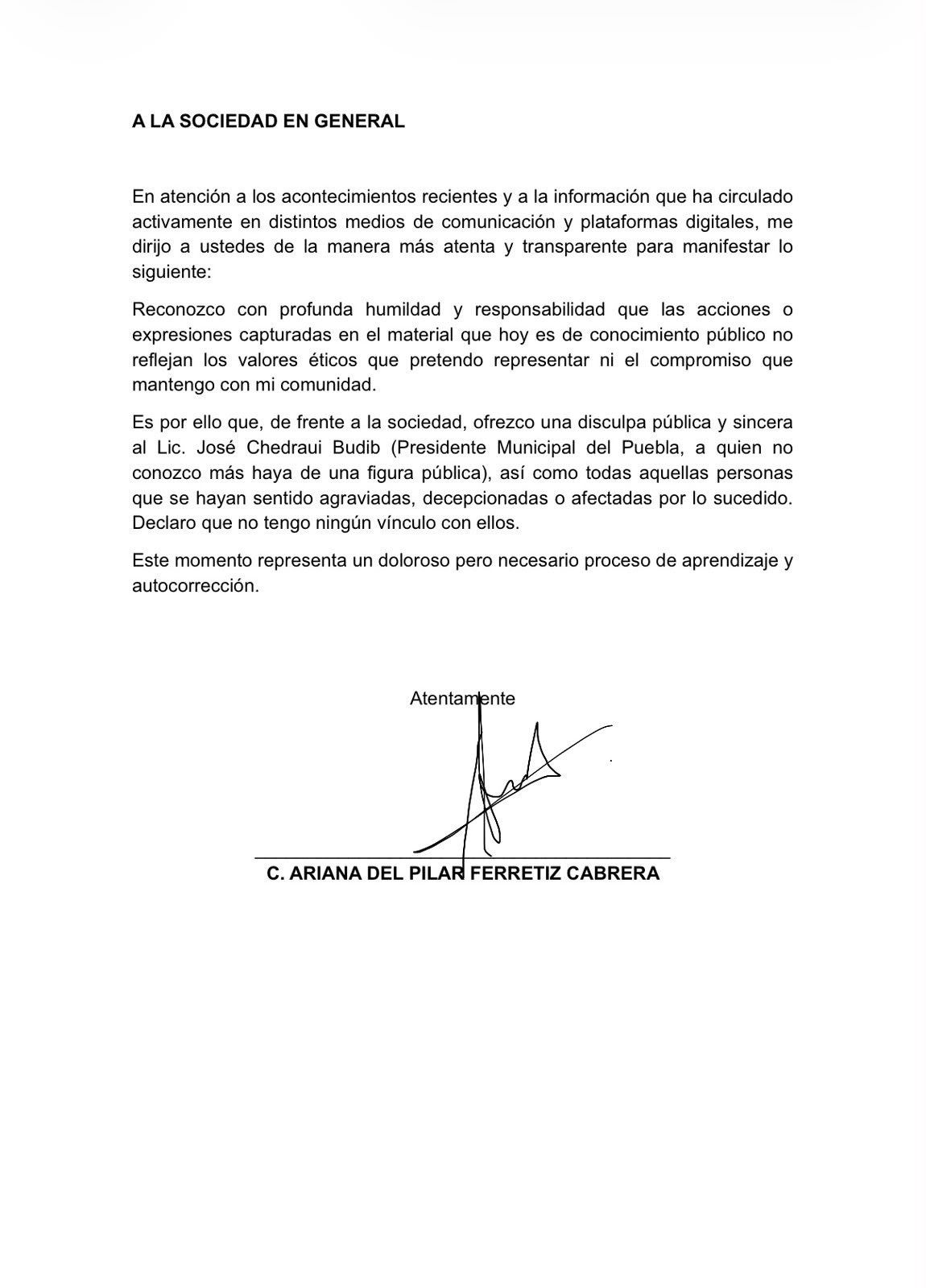 Disculpa pública Ariana Ferreti