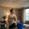 Mujer observa con tristeza gotera en su techo