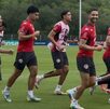 Jugadores de la Selección de Túnez entrenando este lunes 15 de junio en El Barrial, pero sin entrenador.
