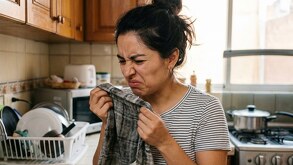 Persona oliendo con asco un trapo de cocina húmedo