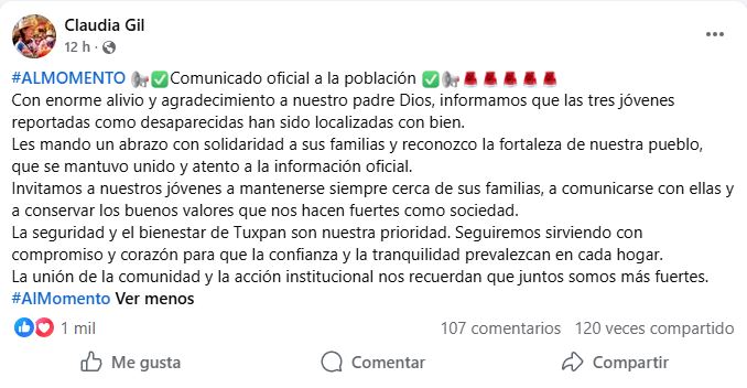 Las dos jóvenes reportadas como desaparecidas en Tuxpan, Jalisco, fueron encontradas sanas y salvas. Autoridades confirman que fue ausencia voluntaria.