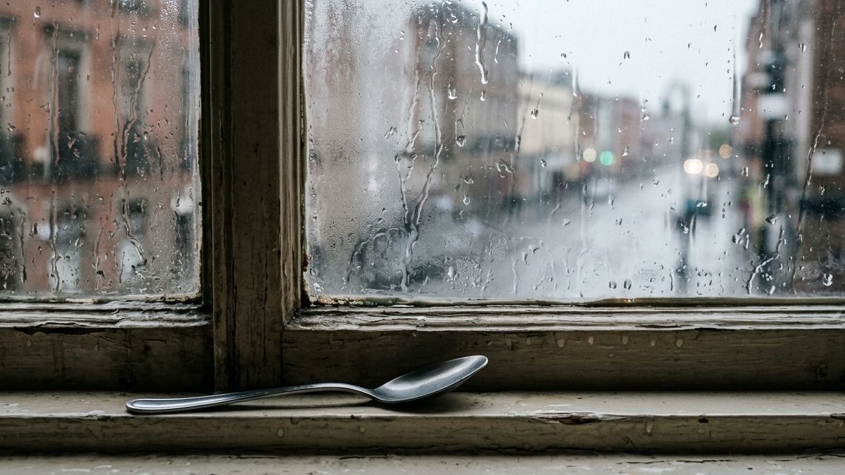 Una cuchara junto al marco de una ventana mojada por la lluvia