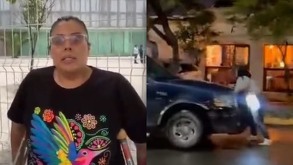 Mujer en muletas hablando ante medios de comunicación.