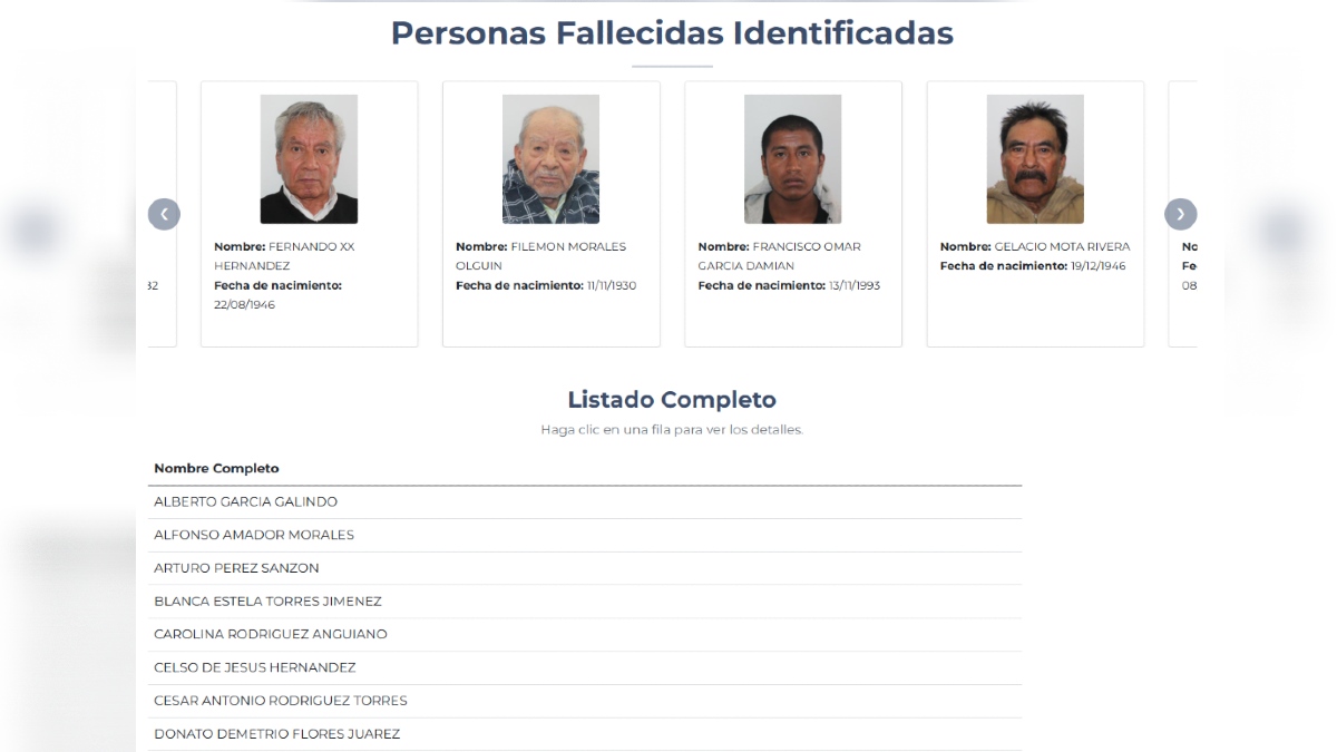 página de la fiscalía de puebla con la identificación de 75 personas sin vida
