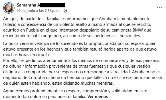 Publicación de Facebook donde se aclara un crimen ocurrido en Puebla.