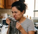 Persona oliendo con asco un trapo de cocina húmedo
