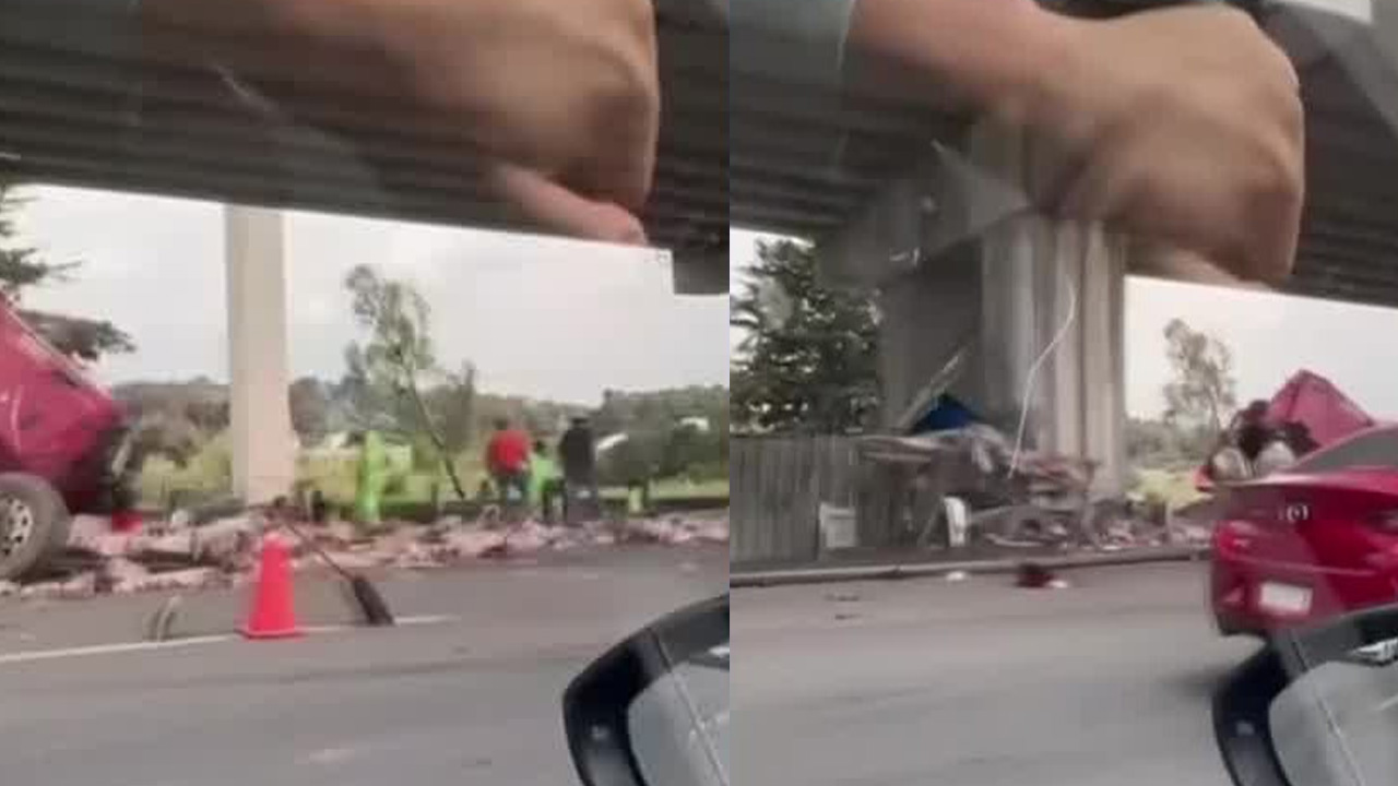 Un tráiler volcó en la carretera México-Toluca a la altura de Ocoyoacac tras una presunta falla en los frenos.