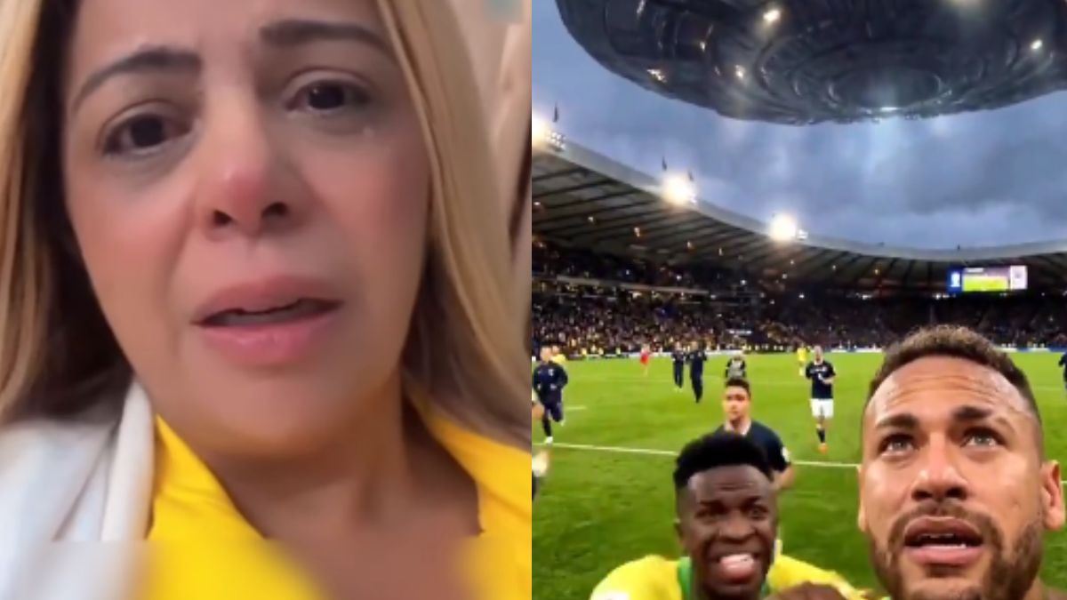 Vidente brasileña e imagen con IA con Neymar y jugadores de Brasil en medio de una invasión alienígena.