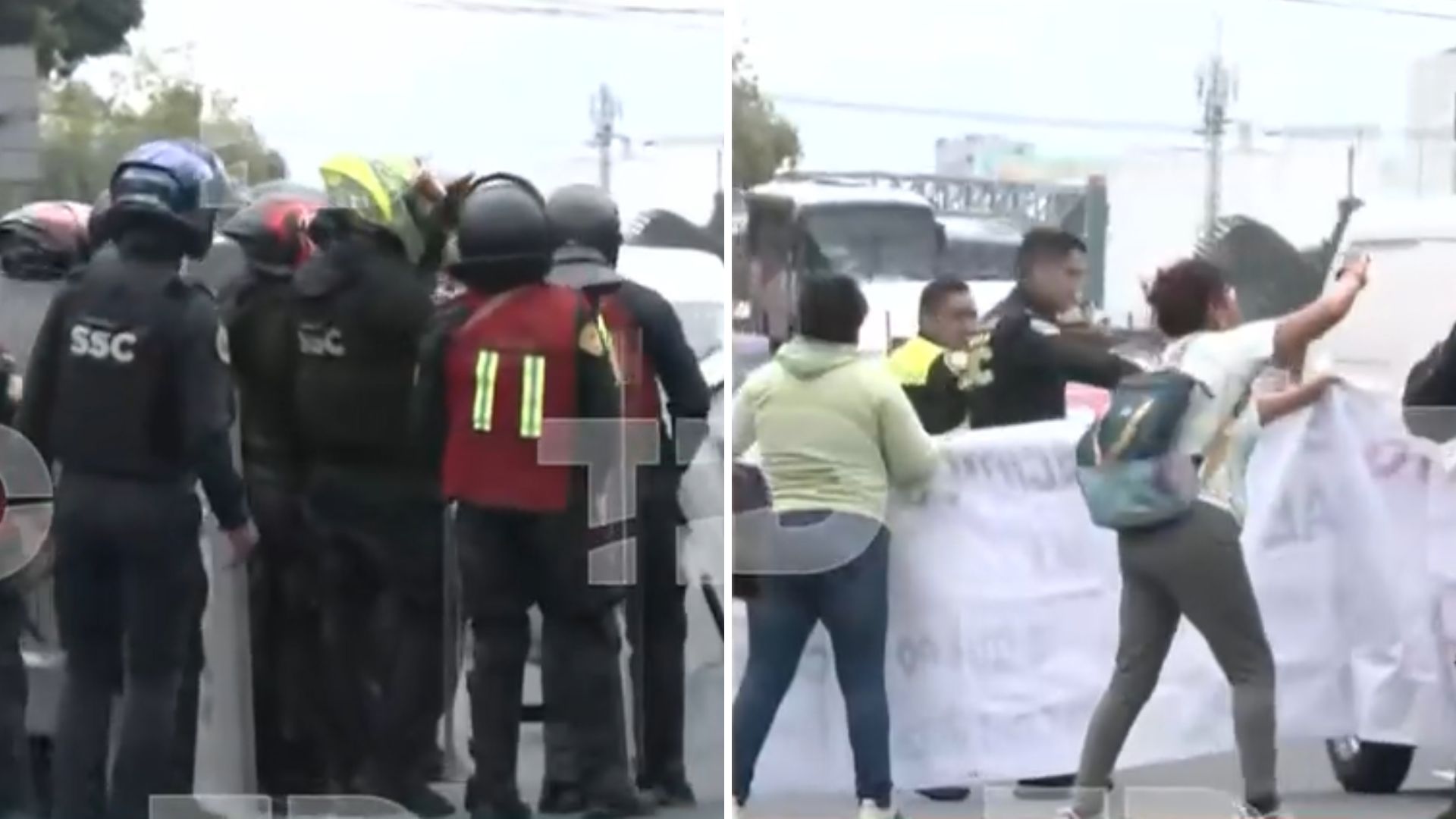 Trabajadores de la SEP son encapsulados por elementos de la SSC en la alcaldía Benito Juárez de la CdMx tras realizar bloqueos viales por demandas laborales.