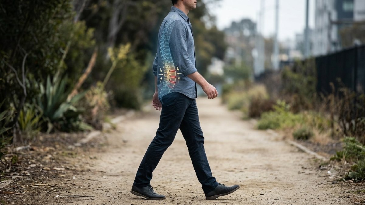 Hombre caminando con dolor de espalda.
