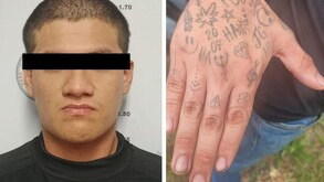 Mano tatuada y rostro de un hombre detenido en Veracruz.