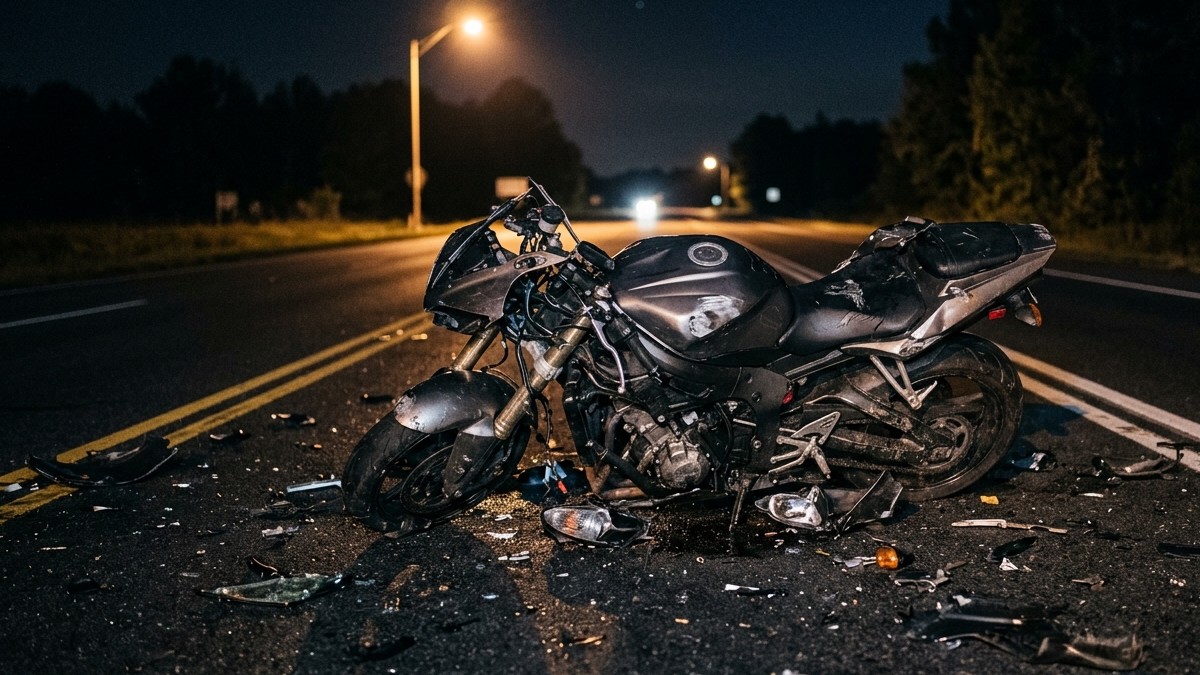 Se observa una motocicleta color negra, está destrozada y en una carretera; es de noche.