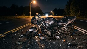 Se observa una motocicleta color negra, está destrozada y en una carretera; es de noche.