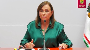 Mujer vestida con blusa verde hablando ante un micrófono.