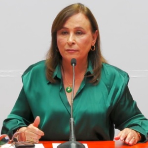 Mujer vestida con blusa verde hablando ante un micrófono.