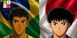 Imagen de personajes del anime Super Campeones con playera de Brasil y Japón