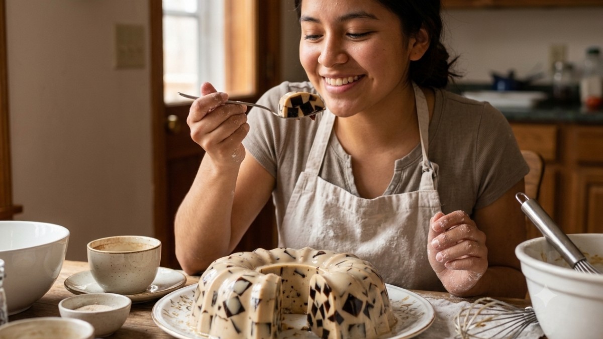 Joven prueba gelatina de café de mosaico con ingredientes alrededor
