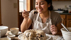 Joven prueba gelatina de café de mosaico con ingredientes alrededor