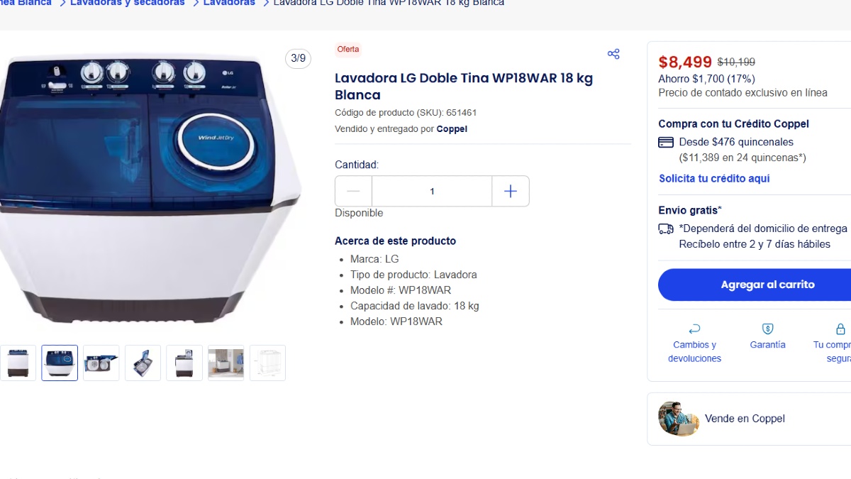 Datos de la lavadora en la plataforma en línea de Coppel